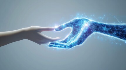 Human hand reaching towards a glowing, digital hand with intricate blue light patterns