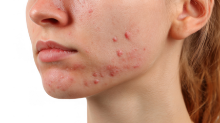 Cystic acne affects the lower part of a young woman's face, causing redness, inflammation, and discomfort, highlighting the need for dermatological treatment on a transparent background
