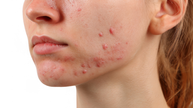Cystic acne affects the lower part of a young woman's face, causing redness, inflammation, and discomfort, highlighting the need for dermatological treatment on a transparent background