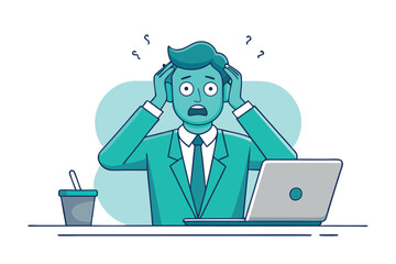 Cartoon Man Under Pressure Depicts Stressful Work Life Sitting Behind Desk With Computer Grasping Head and Looking Overwhelmed