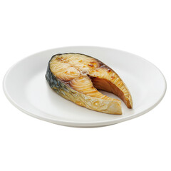 Grilled salmon steak slice on white plate, showing marbling and cooked texture