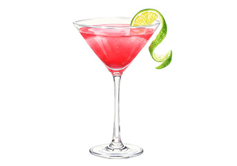 Cosmopolitan Cocktail in Martini Glass with Lime Twist - Watercolor Illustration clipart watercolor png, isolated on transparent background