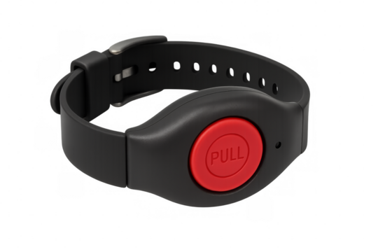 Emergency pull button on personal safety device bracelet with transparent background