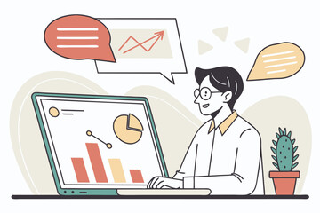 Analyzing Business Data on Laptop with Growth Charts and Graph Analysis for Financial Success and Communication