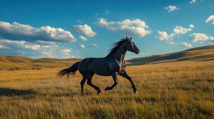 A black horse gallops freely across a golden grassland under a vibrant blue sky.