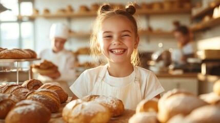 A happy young girl smiles brightly in a bakery filled with fresh bread, showcasing her joy and enthusiasm for baking in a warm and inviting environment.