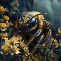 Close-up of a bee on a cluster of small, pale yellow flowers.  The bee's body is a mix of dark brown, gold, and black, with golden pollen visible on its head and thorax