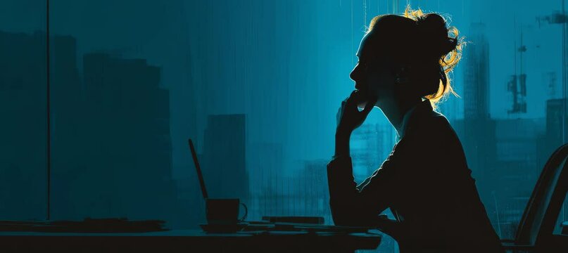 Businesswoman silhouette stress fatigue at dark office room. Hard time emotional mental health. Generative video AI technology.