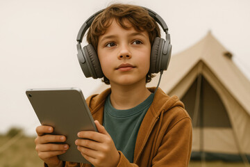 boy with tablet and headphones relaxing by tent outdoors