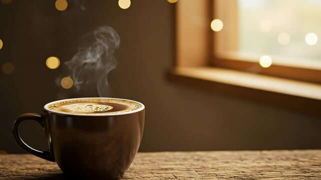 Cozy Morning Still Life: Steaming Coffee Cup by the Window with Bokeh Lights Effect