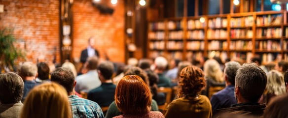 The intimate setting of a library gathering with an engaged audience listening thoughtfully.