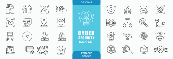 Cyber security editable stroke pictogram and minimal thin line web icon set. Outline icons collection. Simple vector sign