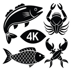fish art, seafood black silhouette, white background,  monochrome illustration, stylized fish, seafood icon, fish set, Seafood Illustration Bundle