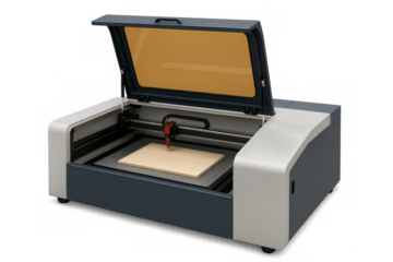 Laser engraving machine processing wood material on transparent background