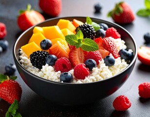 カッテージチーズボウルと新鮮なフルーツ（High-protein cottage cheese bowl with fresh fruits）
