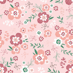 Seamless floral pattern with cute pink and red flowers, green leaves, and blooming small and large flowers in vintage style. Perfect for fabric, wallpaper, and textile design.
