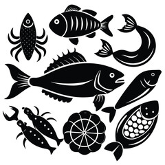 fish art, seafood black silhouette, white background,  monochrome illustration, stylized fish, seafood icon, fish set, Seafood Illustration Bundle