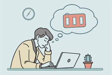 Burnout at Work Illustration Depicts Tired Man with Empty Battery Concept and Facing Laptop in Office Environment