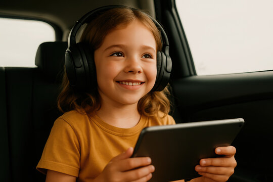 Happy child wearing headphones using tablet in car backseat, enjoying technology, smiling girl