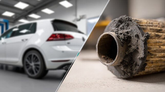 side view of diesel car next to macro image of clogged diesel particulate filter with soot buildup, technical split design, light workshop background, clean and minimal