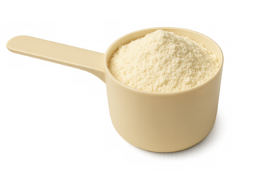 Plastic measuring scoop of protein powder on transparent background