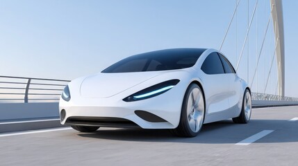 sleek modern electric car on a clean road, minimalist light background, futuristic design, smooth curves, LED lights, no exhaust, eco-friendly atmosphere