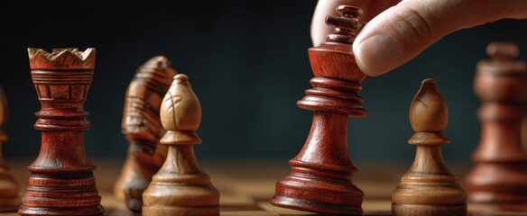 The strategic move in a classic chess game with wooden pieces.