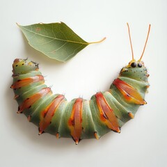 Colorful caterpillar curled on white, beside leaf
