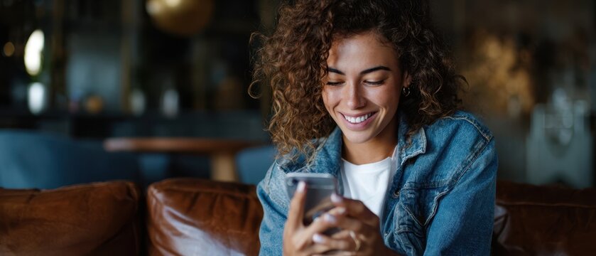 The woman joyfully interacting with her smartphone in a cozy setting.