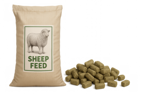 Sheep feed bag and pellets isolated on transparent background