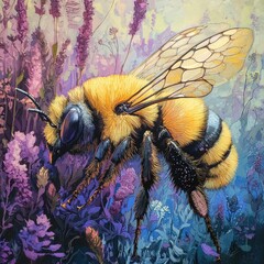 Vibrant bee amidst lavender blooms