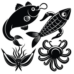 fish art, seafood black silhouette, white background,  monochrome illustration, stylized fish, seafood icon, fish set, Seafood Illustration Bundle