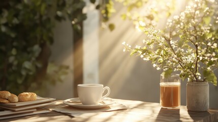 A cozy scene featuring a cup of coffee, refreshing drink, and vibrant flowers, illuminated by warm sunshine, evoking tranquility and a sense of morning routine.