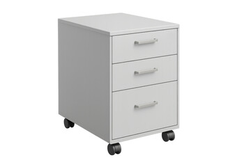 Modern white rolling filing cabinet with three drawers on transparent background