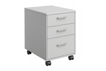 Modern white rolling filing cabinet with three drawers on transparent background