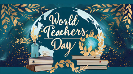 Celebrate World Teachers Day with this elegant design featuring a globe books gold leaves and a teal background ideal for educational events and social media