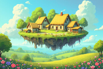 Floating island farm village. Fantasy island flying over the green land.