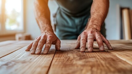 A skilled craftsman is seen preparing wood surfaces, illustrating dedication to craftsmanship and the tangible connection between hands and the materials they shape.