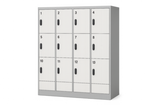 Metal lockers with numbered doors and key locks on transparent background