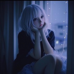 Girl with silver hair, thoughtful pose, at window