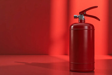 Red fire extinguisher on the floor in red empty room