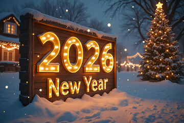 New Year's Eve 2026. 2026 numbers illuminated by lamps on holiday wooden board at winter night.