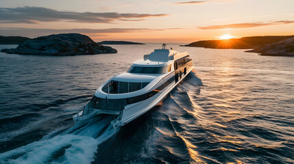 Luxurious hydrofoil  Yacht Cruising at Sunset Ocean View Scenic Seascape Travel Yacht Summer Boat Luxury Vessel