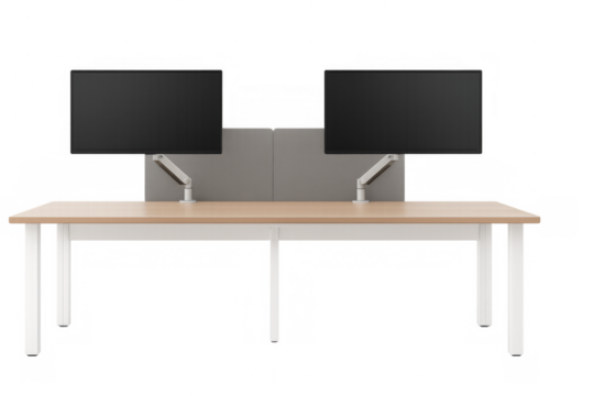 Modern office desk with two monitors and dividers on transparent background