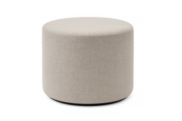 Modern round ottoman upholstered in beige fabric on transparent background