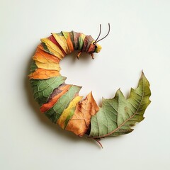 A whimsical, circular creature, crafted from autumn leaves, curls around itself