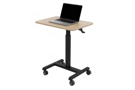 Modern mobile standing desk with laptop on transparent background
