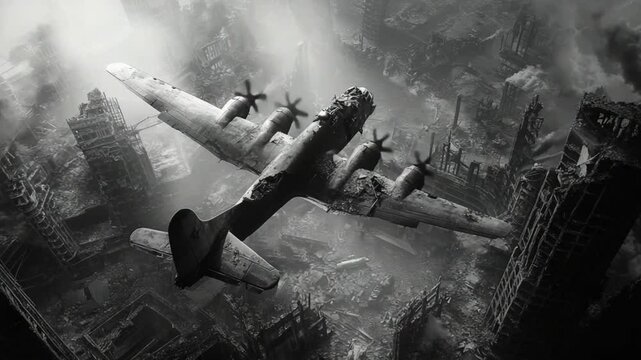 Haunting view of a World War II era bomber flying over a desolated city landscape