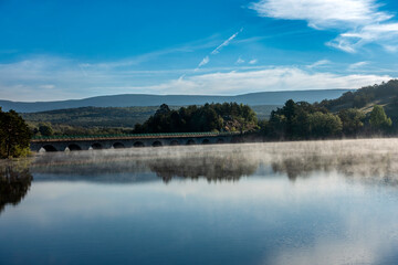 Misty Morning on Cuerda del Pozo Reservoir with Bridge, Soria, Castilla y Leon, Spain