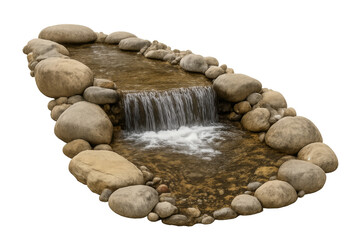 Small waterfall cascading into tranquil pond with rocks, transparent background